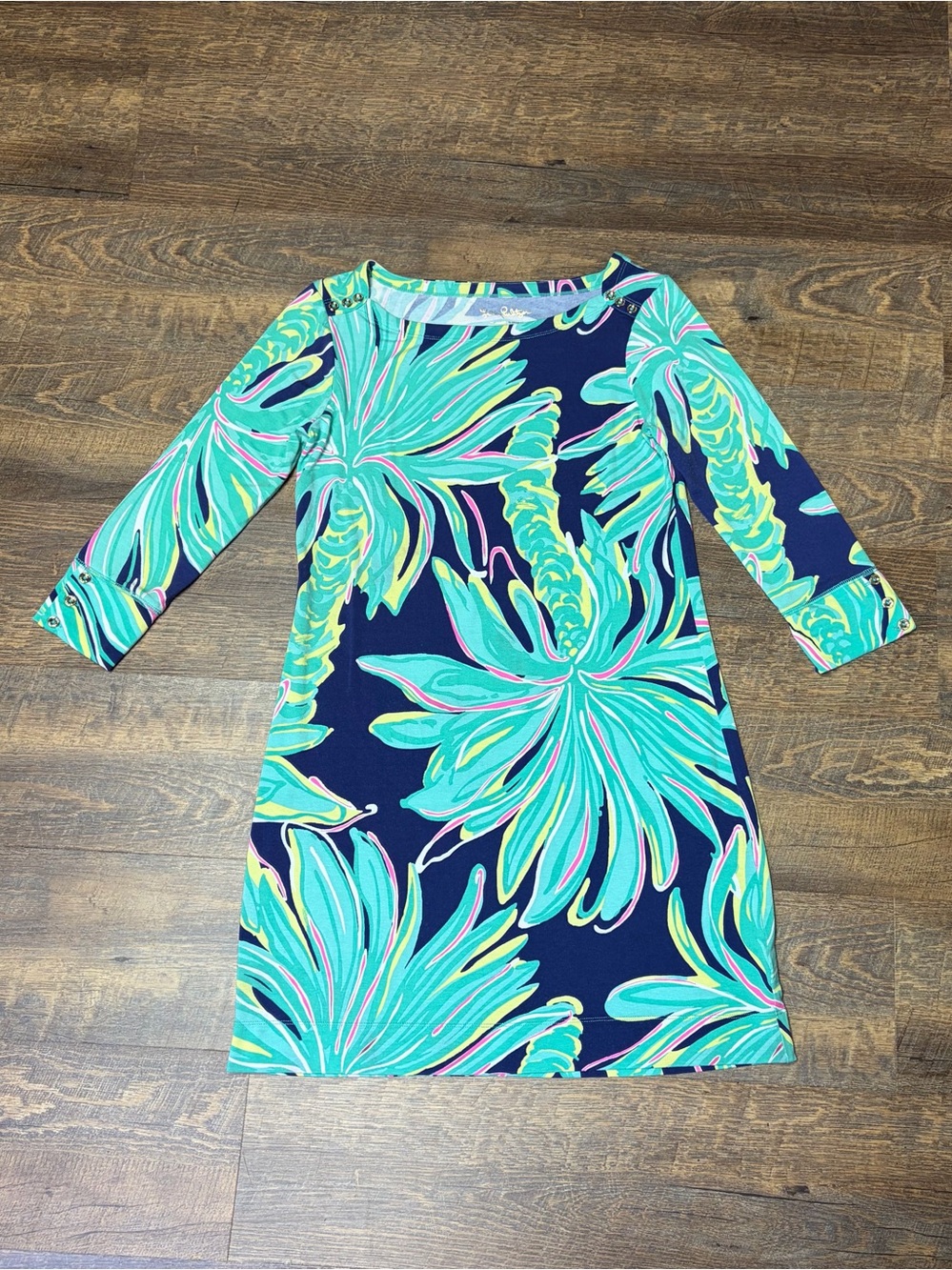 Lilly Pulitzer Corine Dress Womens Medium Knit Jersey Tunic Palm Tree Navy Green